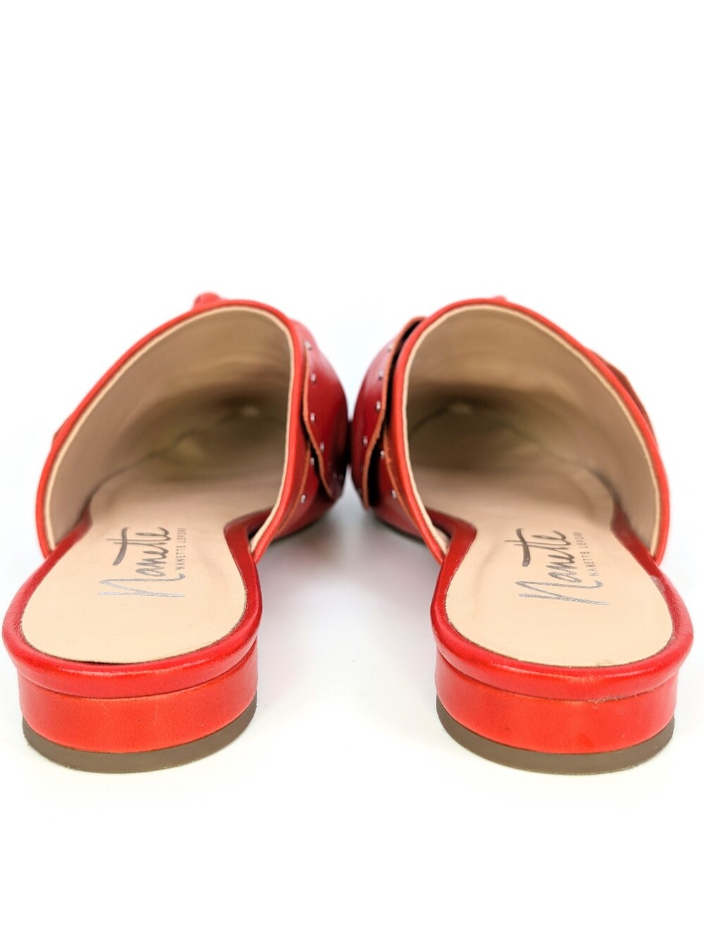 Nanette Lepore Orange Red Studded Bow Pointed Toe Mule Flats Slide On Size 6 EUC - Picture 8 of 12